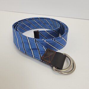 Blue with Black/White Stripes Double D-Ring Buckle Belt 100% Silk w/Leather Trim